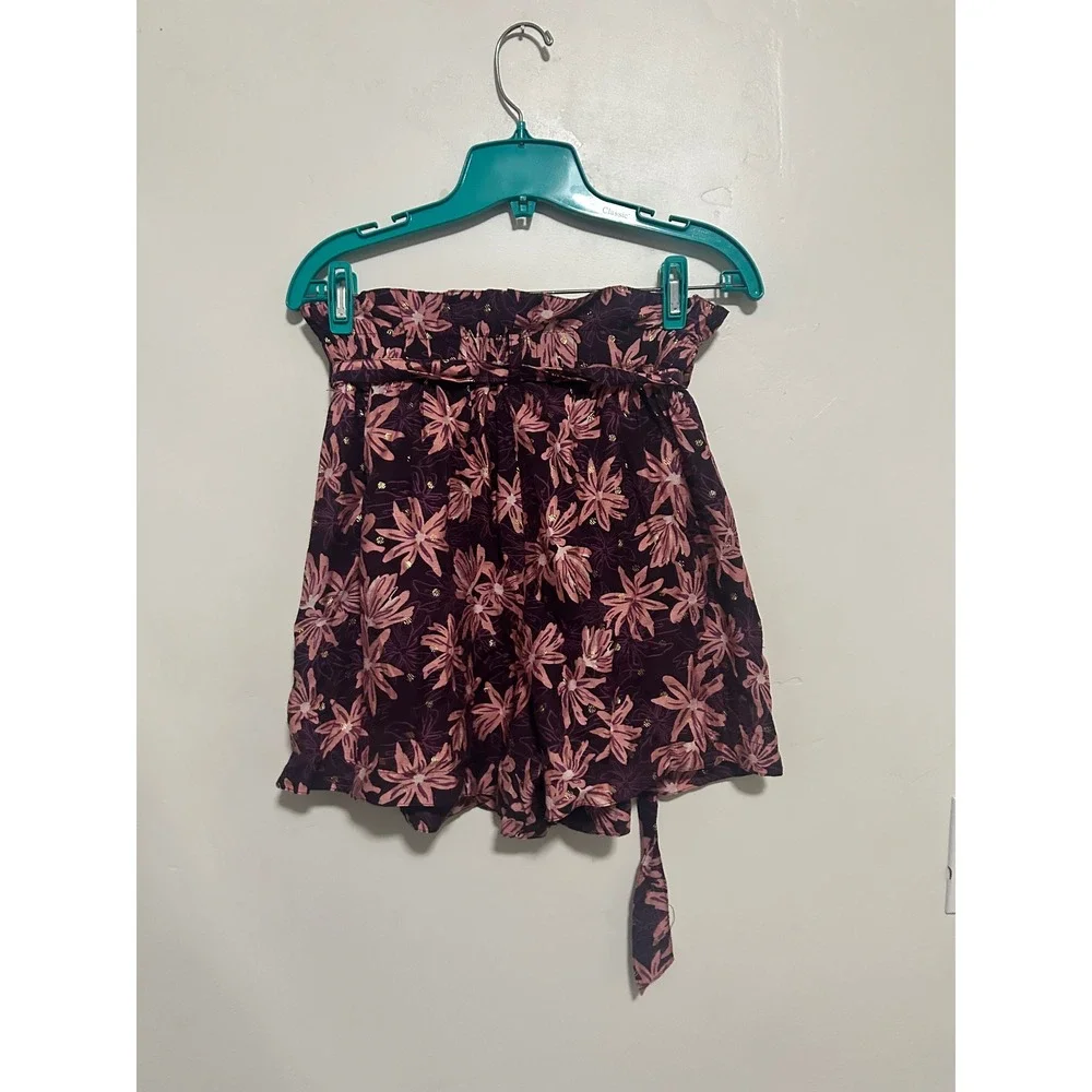 Sabina Musayev Purple Pink Floral Metallic Paperbag‎ Waist Belted Shorts Small
